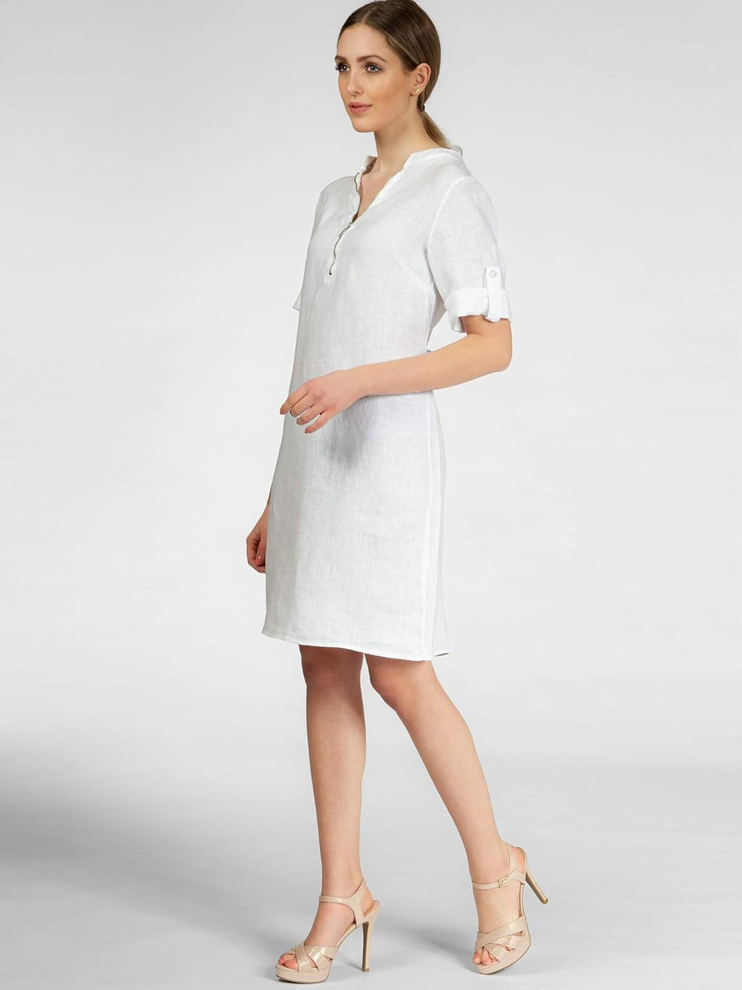 Caspar SKL037 stylisches knielanges Damen Sommer Leinenkleid mit Reissverschluss Ausschnitt 36 Weiss