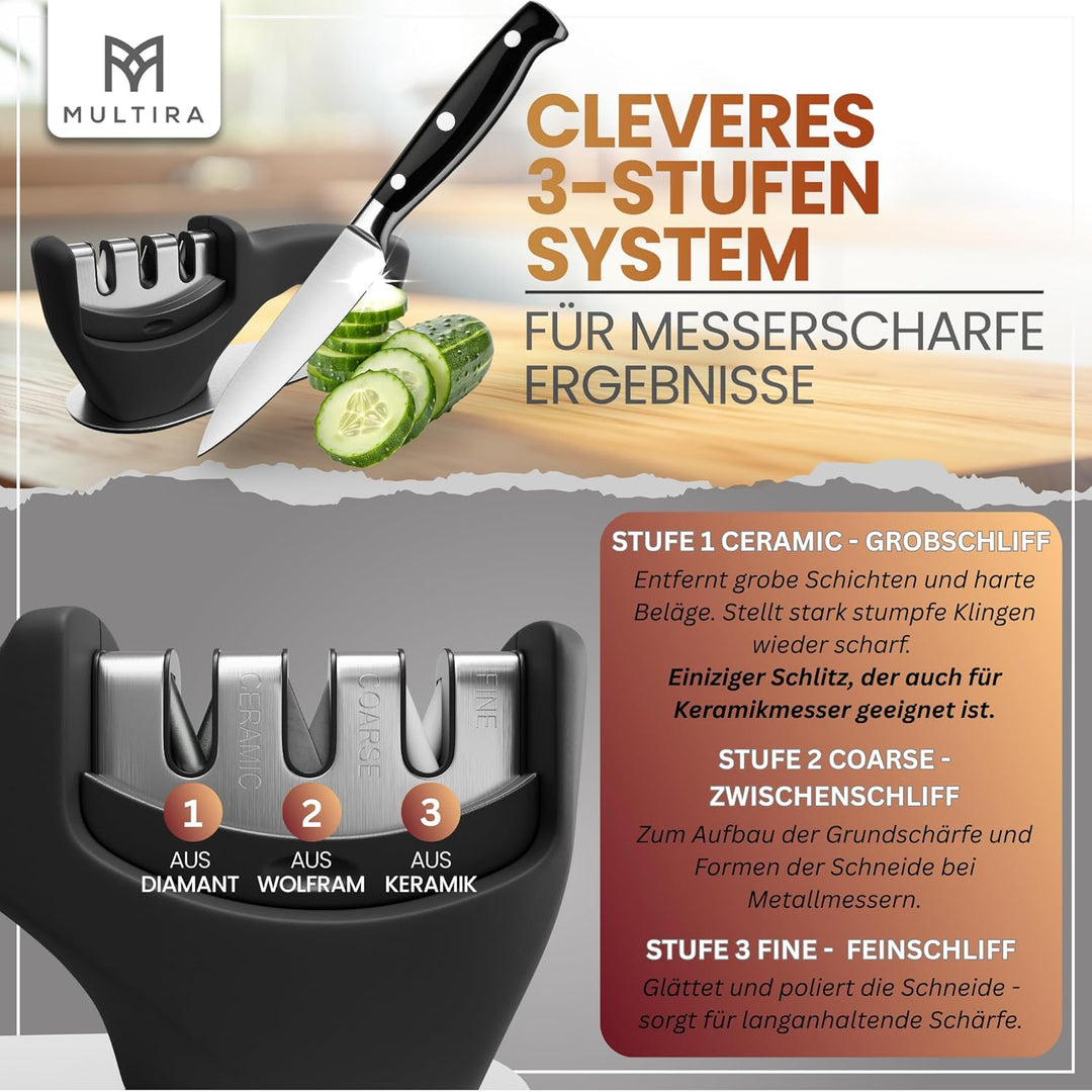 Messerschärfer | Messerschleifer 3-Stufen für Küchenmesser, Stahl- und Keramikklingen | rutschfeste
