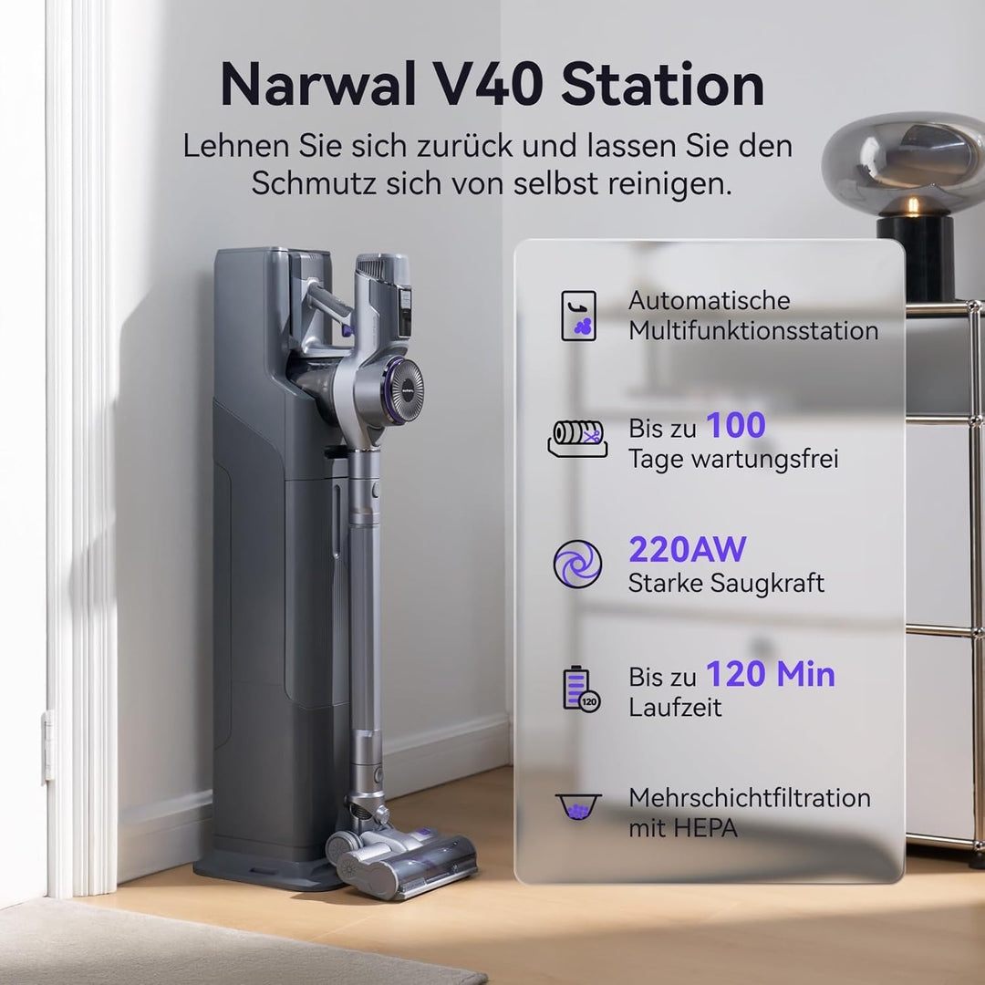 NARWAL V40 Station Akku Kabelloser Staubsauger, mit Selbstreinigung Auto Ladestation, 28000PA / 220A