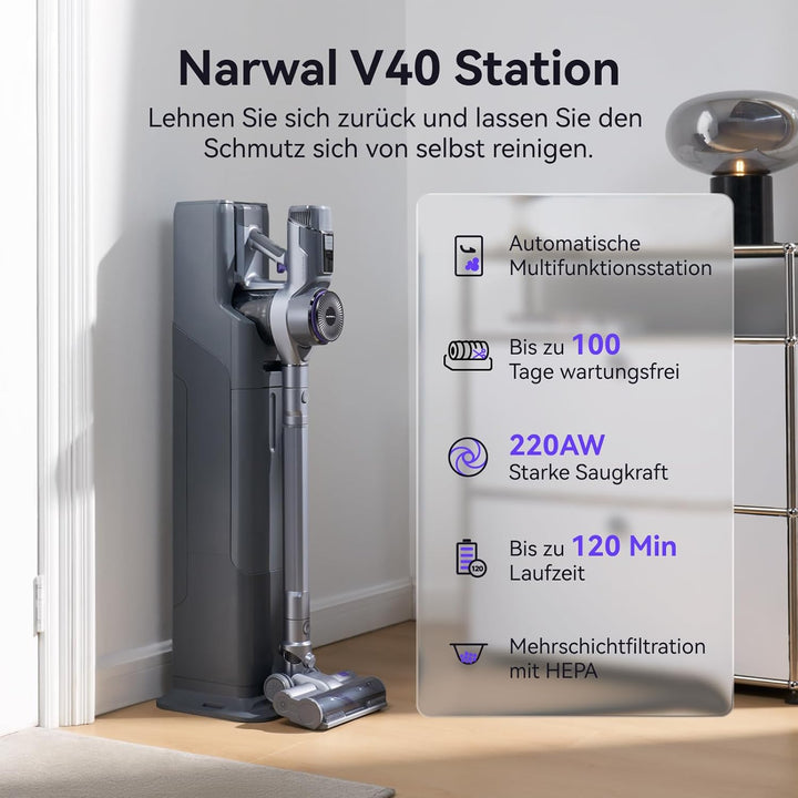 NARWAL V40 Station Akku Kabelloser Staubsauger, mit Selbstreinigung Auto Ladestation, 28000PA / 220A