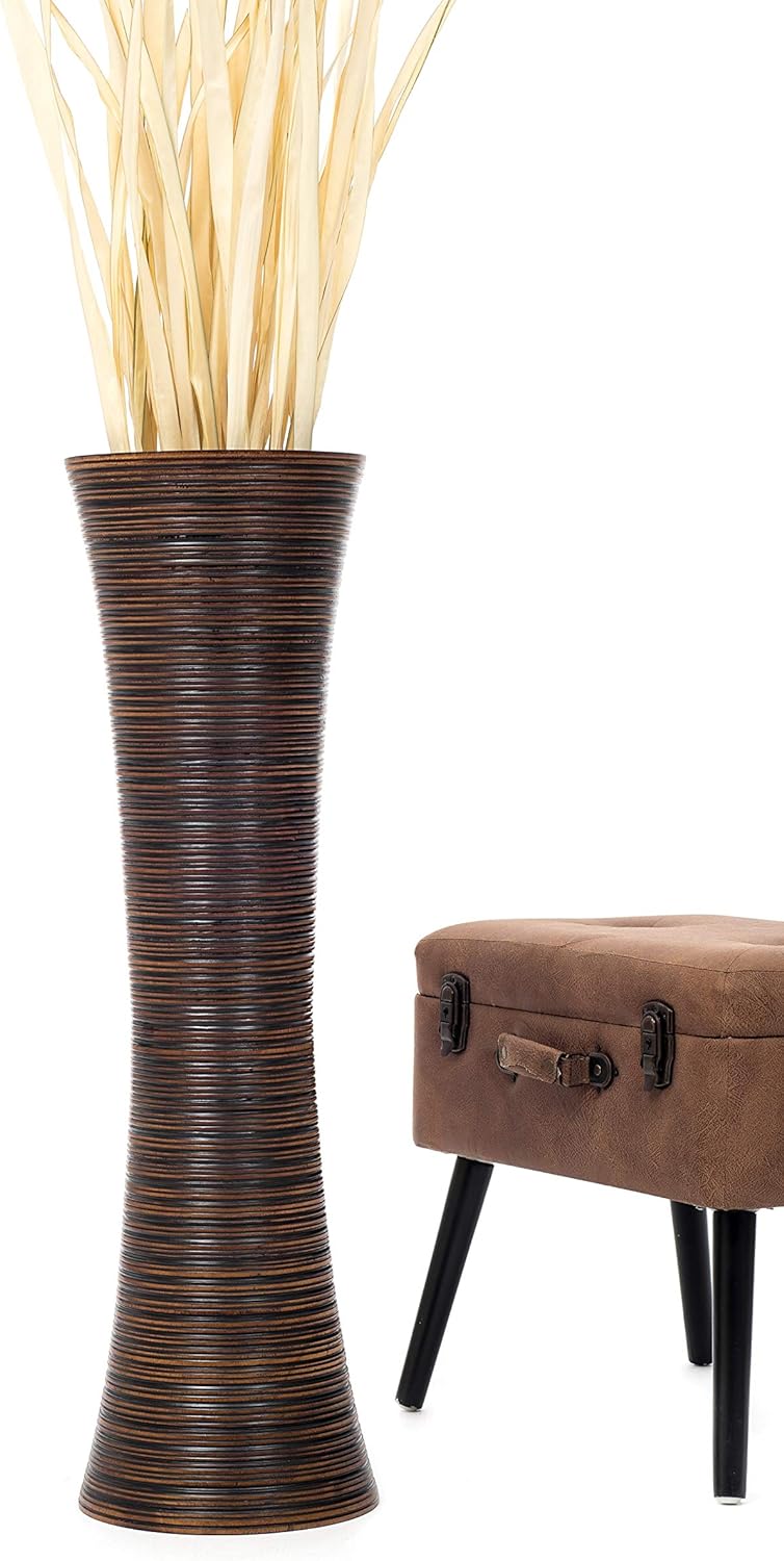 Leewadee Grosse Bodenvase für Dekozweige hohe Standvase Design Holzvase, Holz, 90 cm, braun 90 cm Br