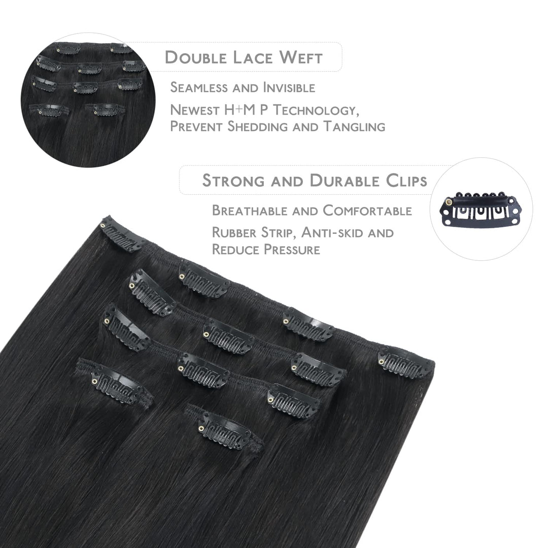 WENNALIFE Clip in Extensions Echthaar, 75g 5pcs 40cm Natürliches Schwarz Extensions Clip in Remy Cli