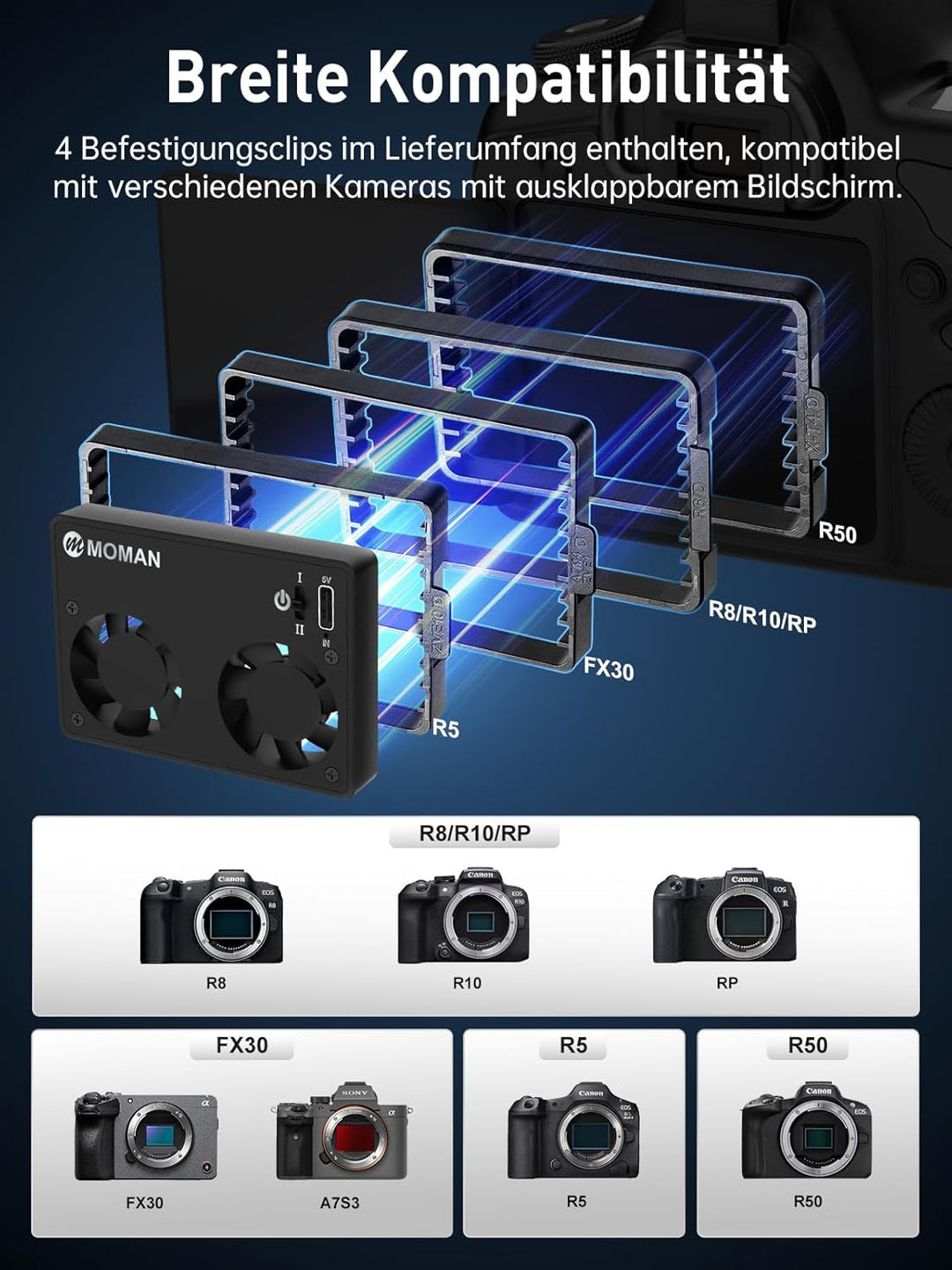 Camera Cooling Fan, Moman Externes Kühlsystem für Kameras mit Eingebautem Akku und Aufladen vom Typ