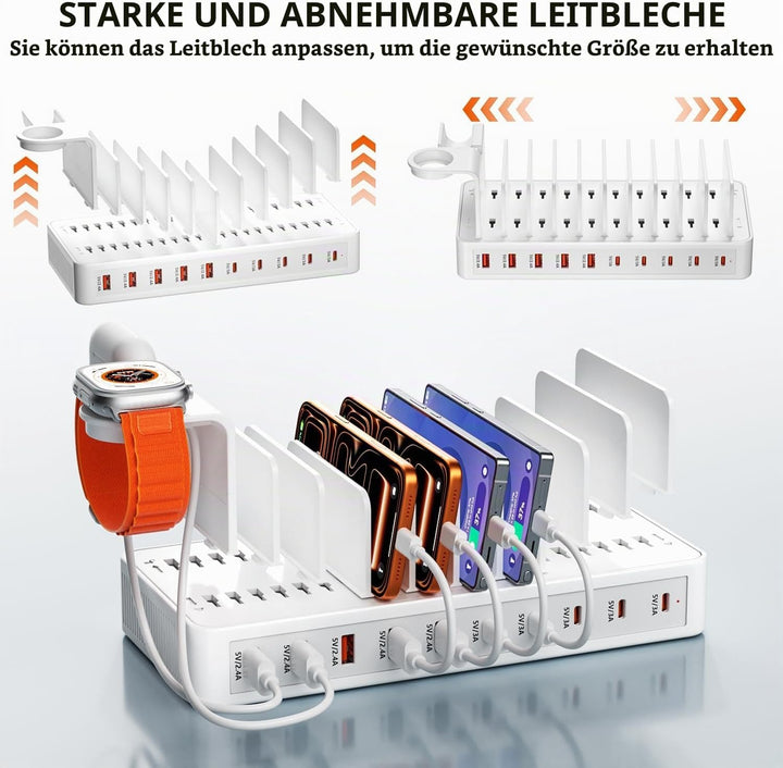 Ladestation Mehrere Geräte, USB C ladestation 100W, 10 Ports USB-Schnellladegerät Mit Uhrenhalterung