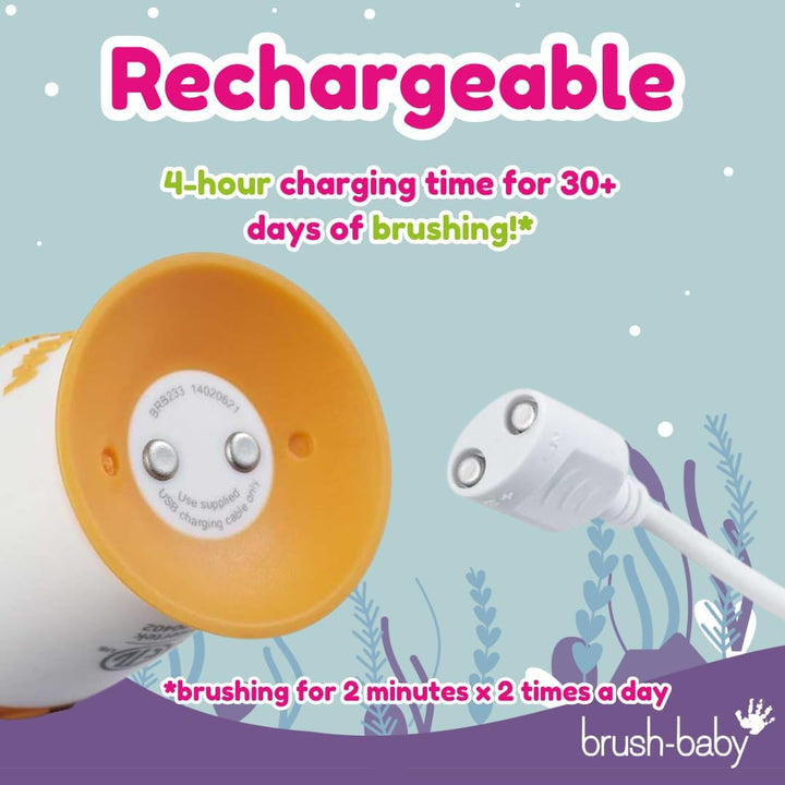 Brush-Baby WildOnes Kinder Elektrische Wiederaufladbare Zahnbürste, 1 Griff, 3 Bürstenköpfe, USB-Lad