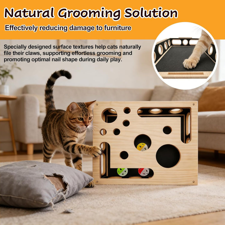 Beschäftigungsbox Katzen, Kratzpuzzle Spielbox Holz Katzens, Interaktives Spielzeug Katzens mit Bäll
