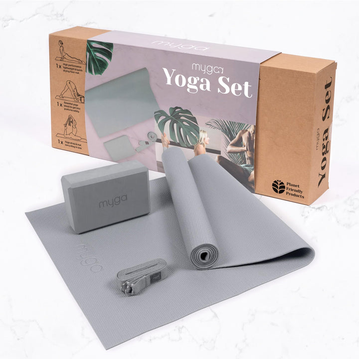 Myga Yoga-Starter-Set – Yogamatte, Yoga-Blöck Ziegel & Metall D-Ring Yoga-Gurt – Starter Kit für Anf