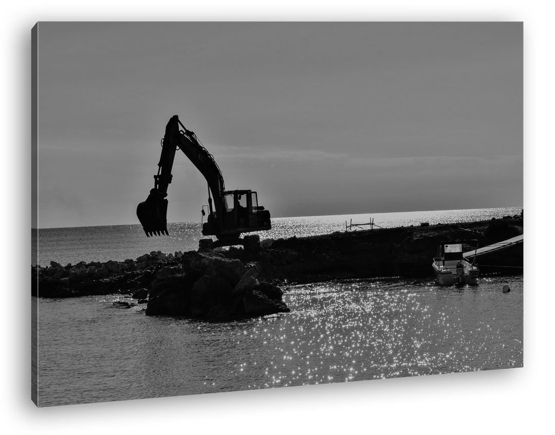 deyoli einsamer Bagger am Ufer Format: 80x60 Effekt: Schwarz/Weiss als Leinwand, Motiv fertig gerahm