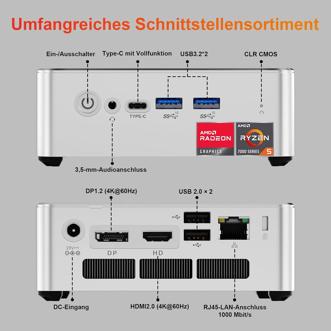 AWOW Mini PC AMD Ryzen 5 7430U (6 Kerne, bis 4,3 GHz), 16GB DDR4, 512GB PCIe 3.0 SSD, Win-11 Pro, Ra