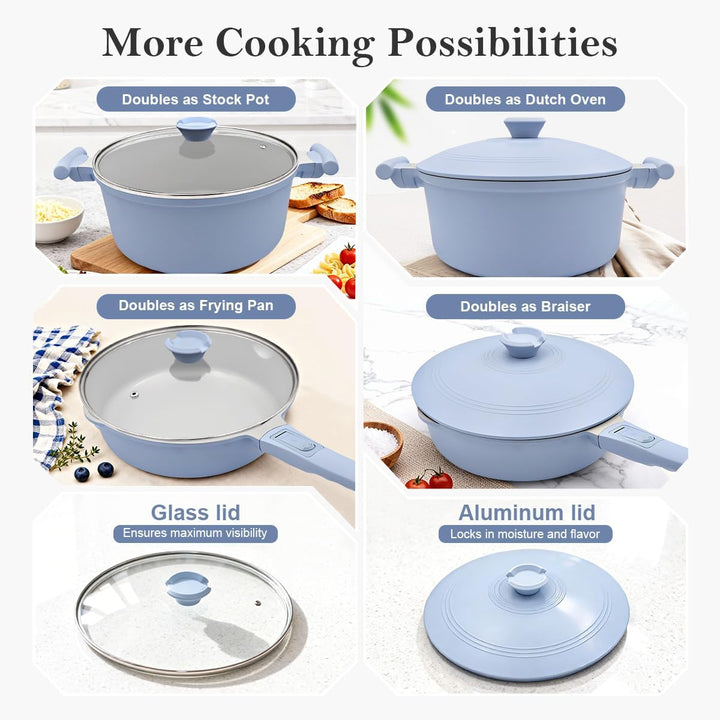 AIKENBBKK Antihaft Topf und Pfannenset, Keramik-Kochgeschirrset Pfanne 28cm mit abnehmbarem Griff, D