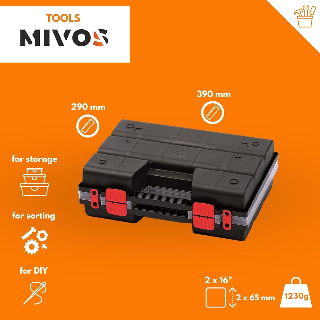 Mivos Doppelseitig Sortimentskasten 390 x 290 x 130 mm mit 30 Verstellbare Fächer - 2 Seitig Sortier