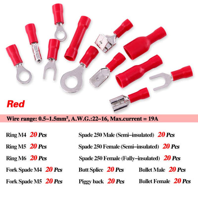 Glarks 540pcs 22-16/16-14/12-10 Gauge Mixed Quick Disconnect Electrical Insulated Butt Bullet Spade