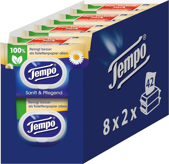 TEMPO Feuchtes Toilettentuch, Sanft&amp;pflegend, 16 Stück, Grosspackung 16 Pack x 42 Tücher Sanft &amp; Sen