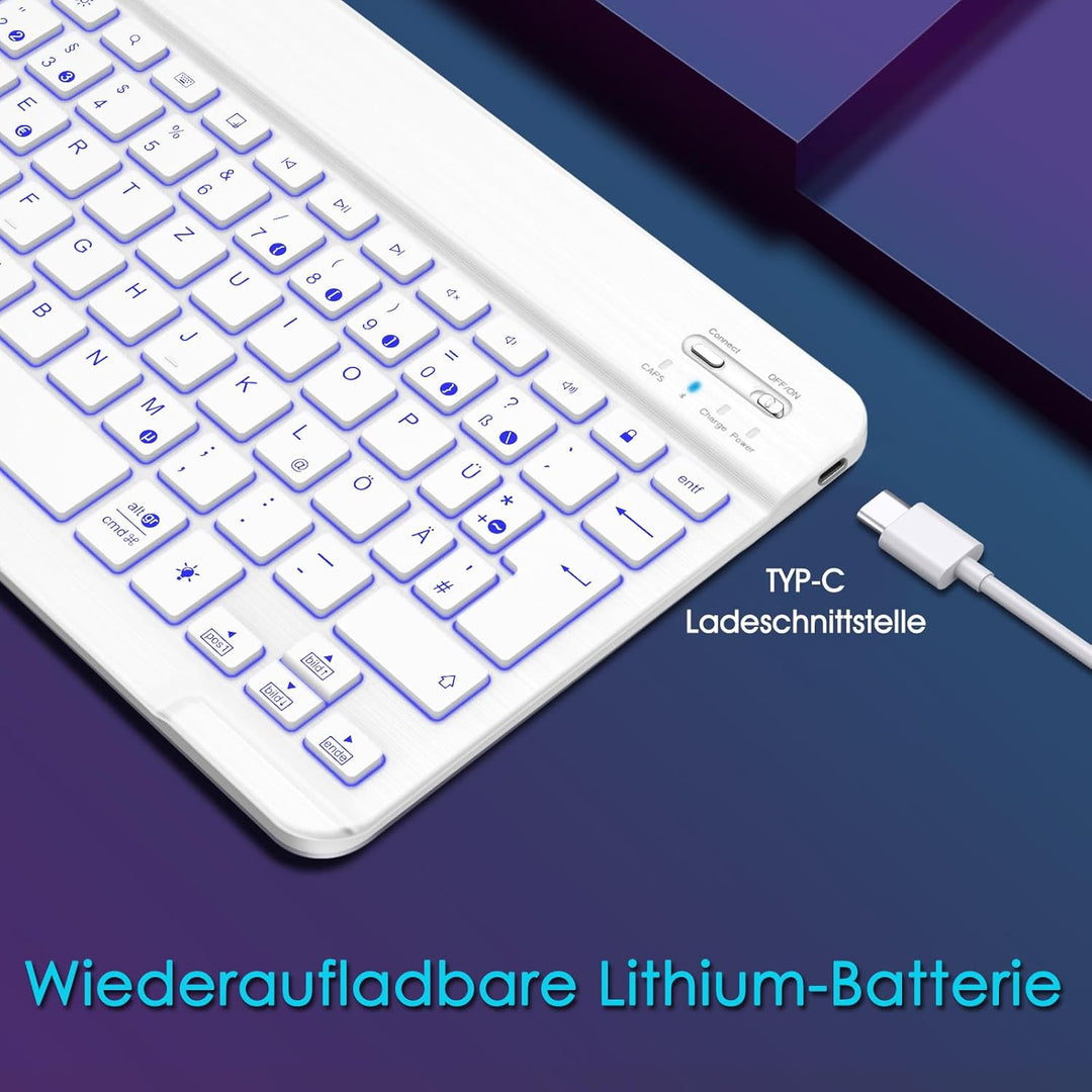 Fintie Bluetooth Tastatur mit Hintergrundbeleuchtung in 7 Farben, iPad Tastatur mit deutschem Layout