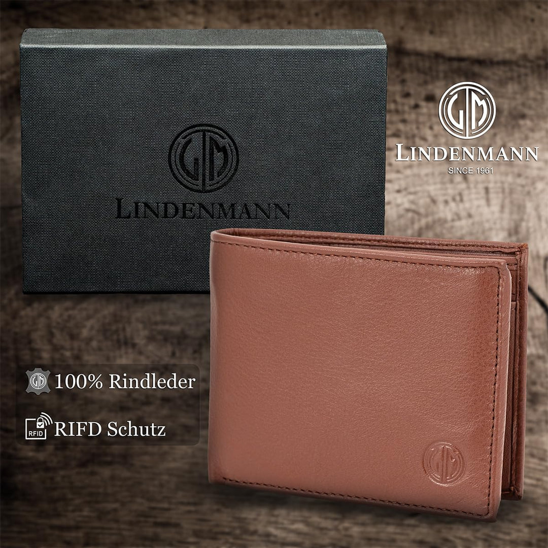 LINDENMANN Geldbörse Herren Portemonnaie Herren Leder, Rindleder matt, quer, Cognac