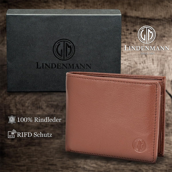 LINDENMANN Geldbörse Herren Portemonnaie Herren Leder, Rindleder matt, quer, Cognac