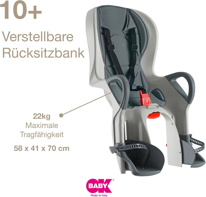 OKBABY 10+ - Fahrradsitz hinten für Kinder bis 22 kg mit Liegefunktion - Schwarz und Grau, Grau