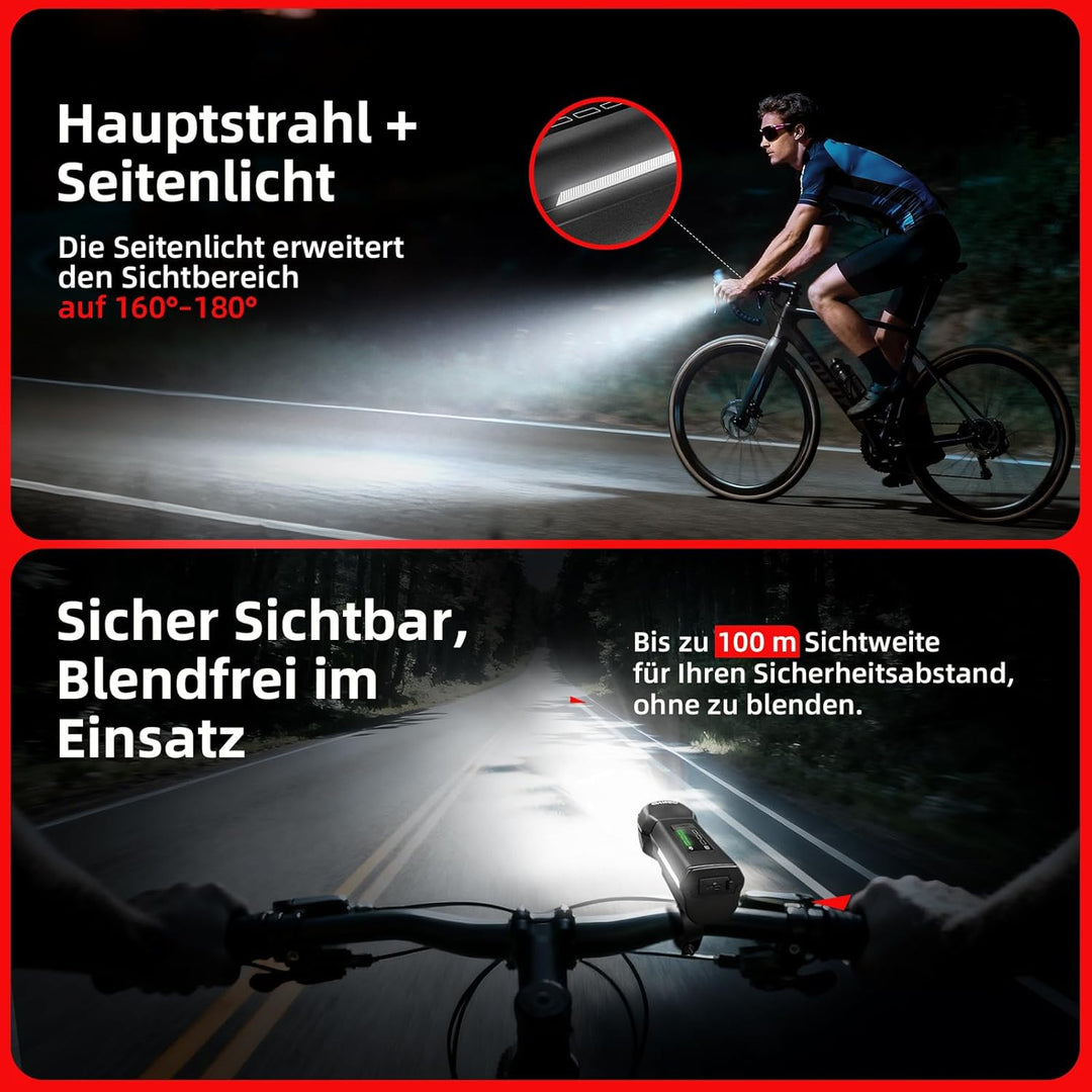 Fahrradlicht Vorne StVZO zugelassen, 4 Leuchtmodi Fahrradlampe Vorne USB-C Akku Lampe Wasserdicht IP