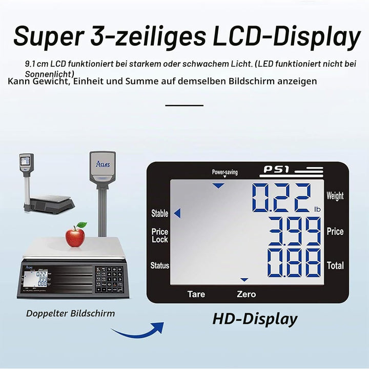 ACLAS Marktwaage Waage mit Stange 30kg Kontrollwaage Geeichte Ladenwaage - mit Dual LCD-Display Indu