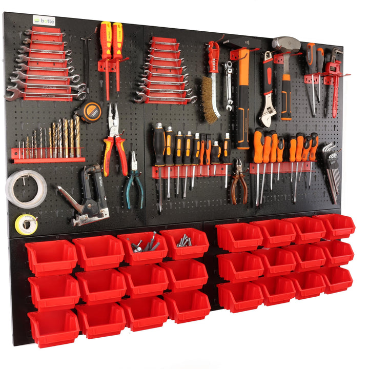 botle® Werkzeugwand Lochwand aus Metall, Stapelboxen + Wandregal + Werkzeughalter 51-tlg Set, Kleint
