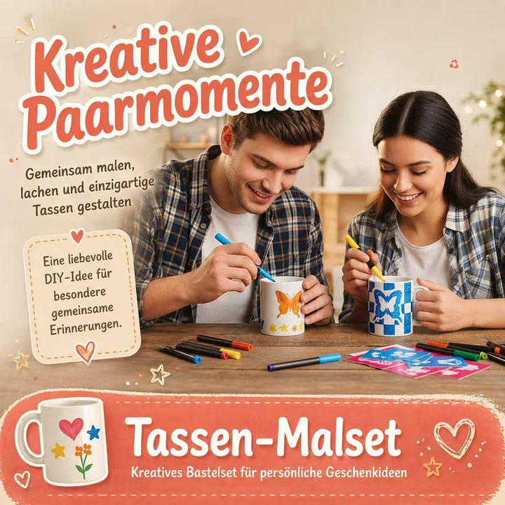 Keramik Bemalen Set – 2 Keramikbecher 12 Porzellanstifte (schnelltrocknend) 12 Design-Schablonen Ker