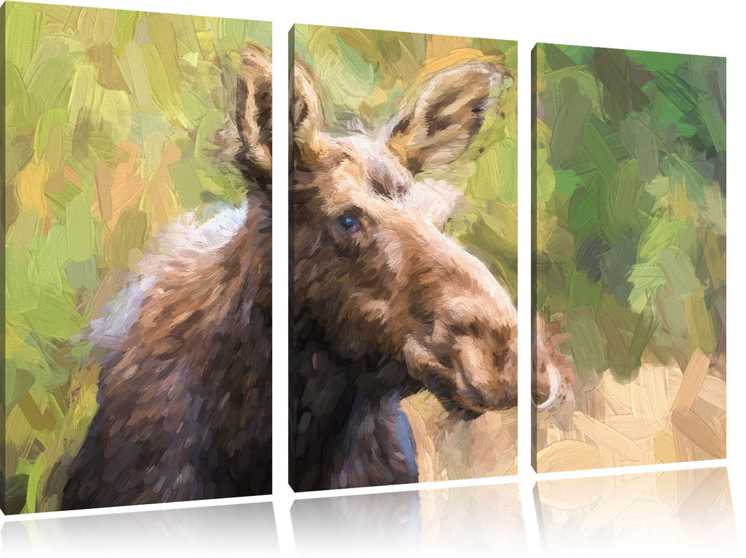Pixxprint Elch im Wald Kunst als Leinwandbild/Grösse: 3 Teilig (120x80) / Wandbild/Kunstdruck/fertig