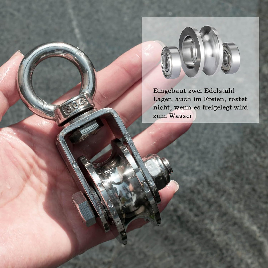 Umlenkrolle Edelstahl 304 für Stahlseil, Umlenkrollen für Seile, Seilrolle mit 2 Kugellager, Tragkra