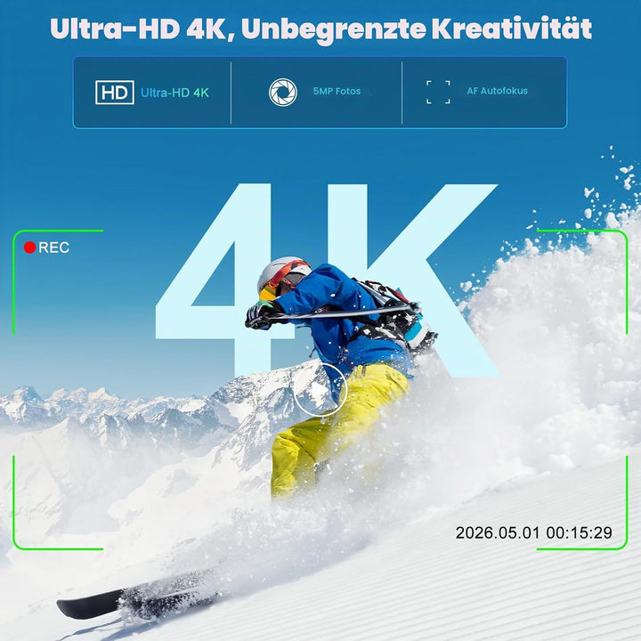 FIREBULL 4K Action Cam, Actionkamera Vlog Kamera, Kompakte Handkamera mit 180° Flip Objektiv, AF Aut