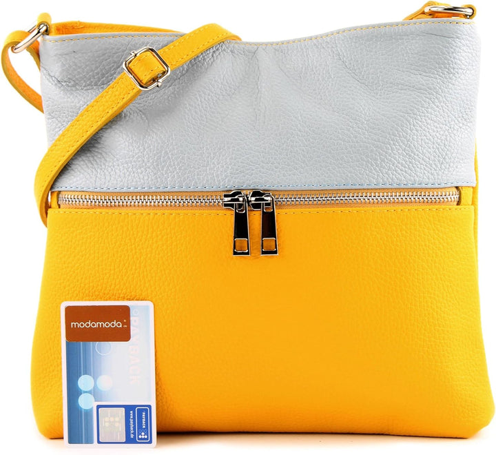 modamoda de - T144 - ital Umhängetasche Schultertasche aus Leder Gelb/Eisblau, Gelb/Eisblau