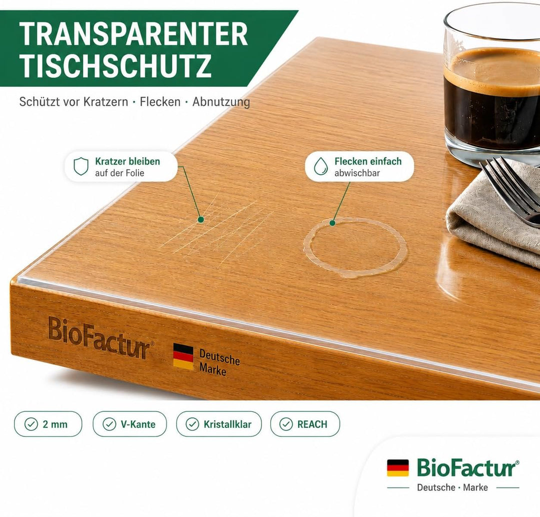 BioFactur Tischfolie transparent nach mass | glasklar durchsichtige tischdecke | 2 mm tischschutz tr