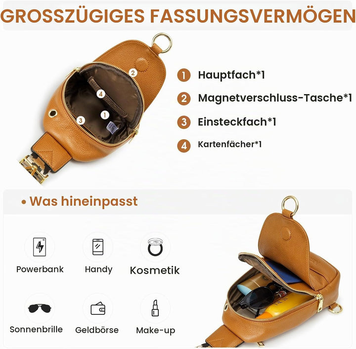 Kattee Damen Brust-Umhängetasche Echtes Leder Sling-Rucksack Kleine Umhängetasche mit RFID-Blockieru