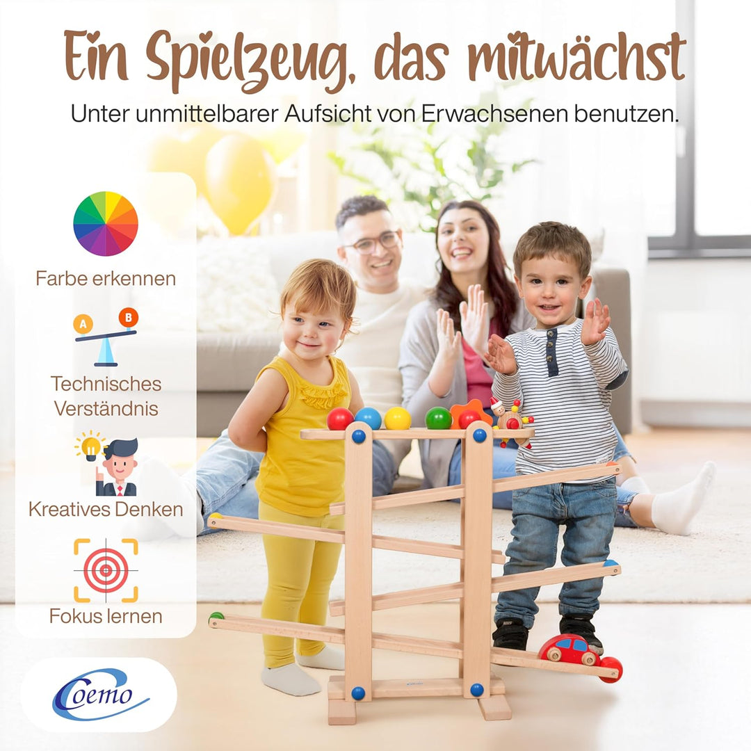 Coemo Kugelbahn Holz 7 Mobile Teile Murmelbahn ab 1 Jahr Motorikspielzeug Lernspielzeug für Babys