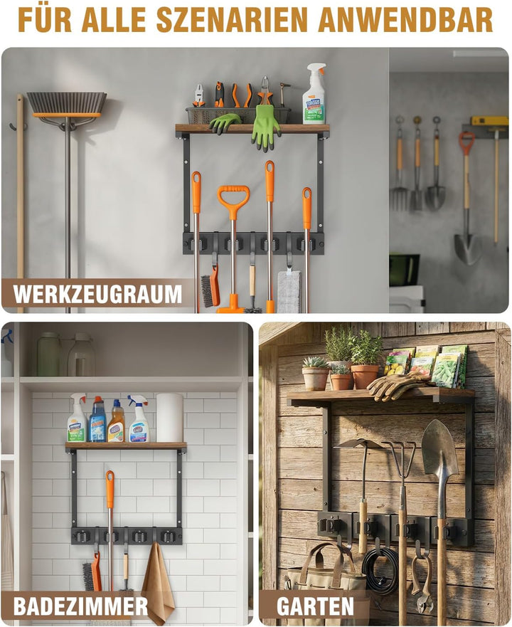 Supforce Besenhalter Wandmontage mit oberer Holzablage, robuster Gerätehalter aus Metall für Reinigu