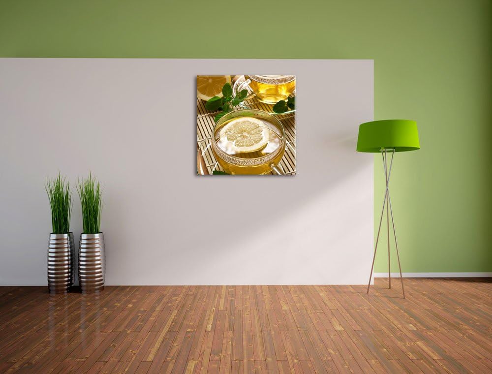 GrünerTee mit Zitrone, Format: 70x70 auf Leinwand, XXL riesige Bilder fertig gerahmt mit Keilrahmen,