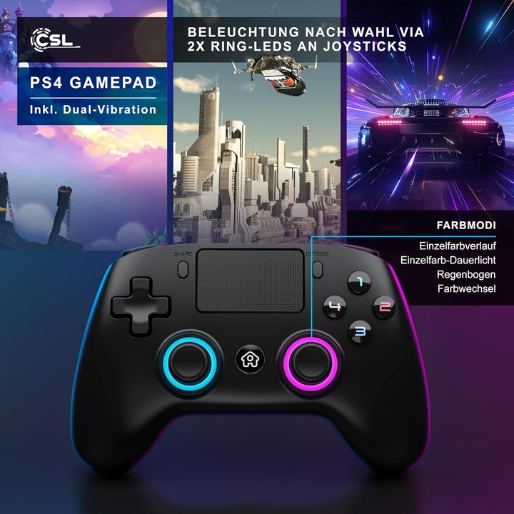 CSL - Wireless Gamepad für PC und PS4 - PC Anschluss - Wireless Controller - Dual Vibration - Headse