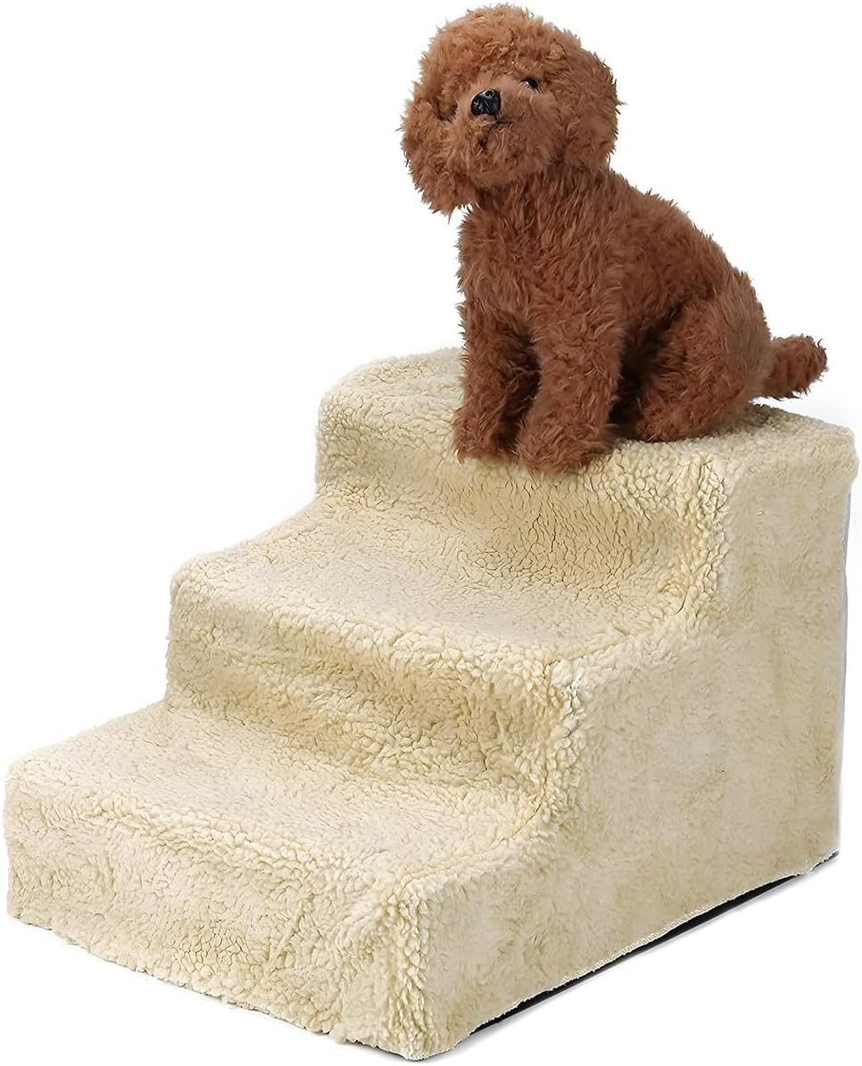 Hundetreppe 3 Stufen 30cm hoch | Haustiertreppe mit Plüschbezug | rutschfeste Katzentreppe & Hundetr