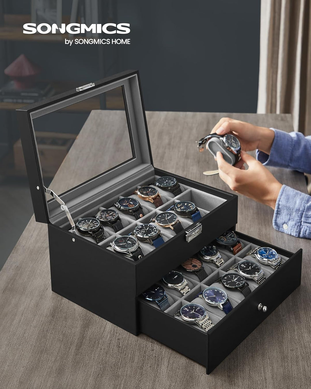 SONGMICS Uhrenbox, Uhrenkasten mit Glasdeckel, 2 Ebenen, Uhrenkoffer mit herausnehmbaren Uhrenkissen