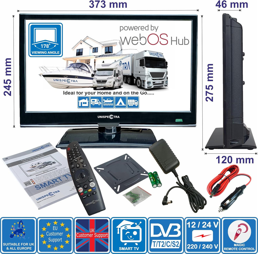 Unispectra® 16“ Smart TV (webOS) Full HD 230V 24V Triple Tuner: Sat, Antenne, Kabel TV, 3xHDMI, 2xUS