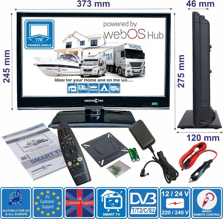 Unispectra® 16“ Smart TV (webOS) Full HD 230V 24V Triple Tuner: Sat, Antenne, Kabel TV, 3xHDMI, 2xUS
