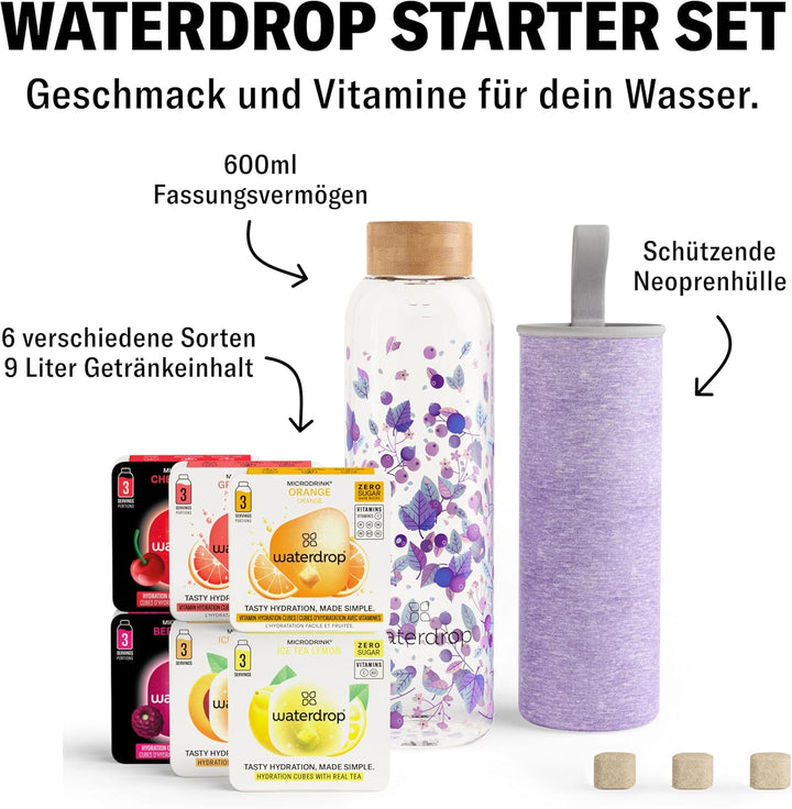 waterdrop® Starter Set Glass – Trinkflasche – 18 zuckerfrei Getränkewürfel zum Auflösen – 6 fruchtig