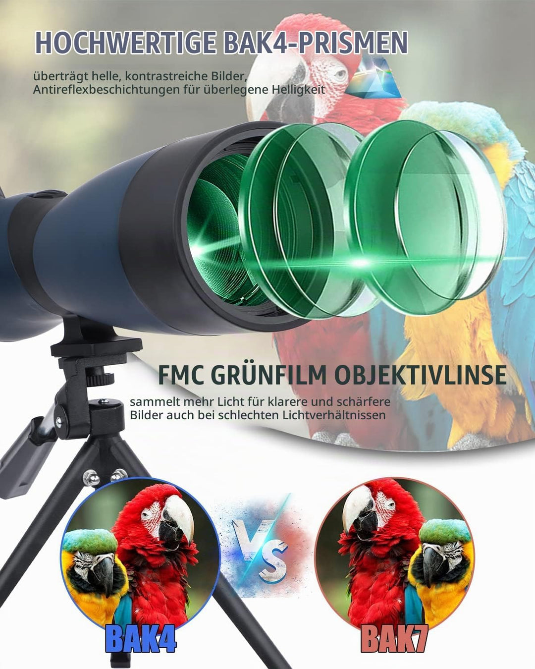 25-75x70 HD Spektiv Sportschützen mit Stativ- und Smartphone-Adapter, Zoom Bak4 Prism FMC Lens 45-Gr