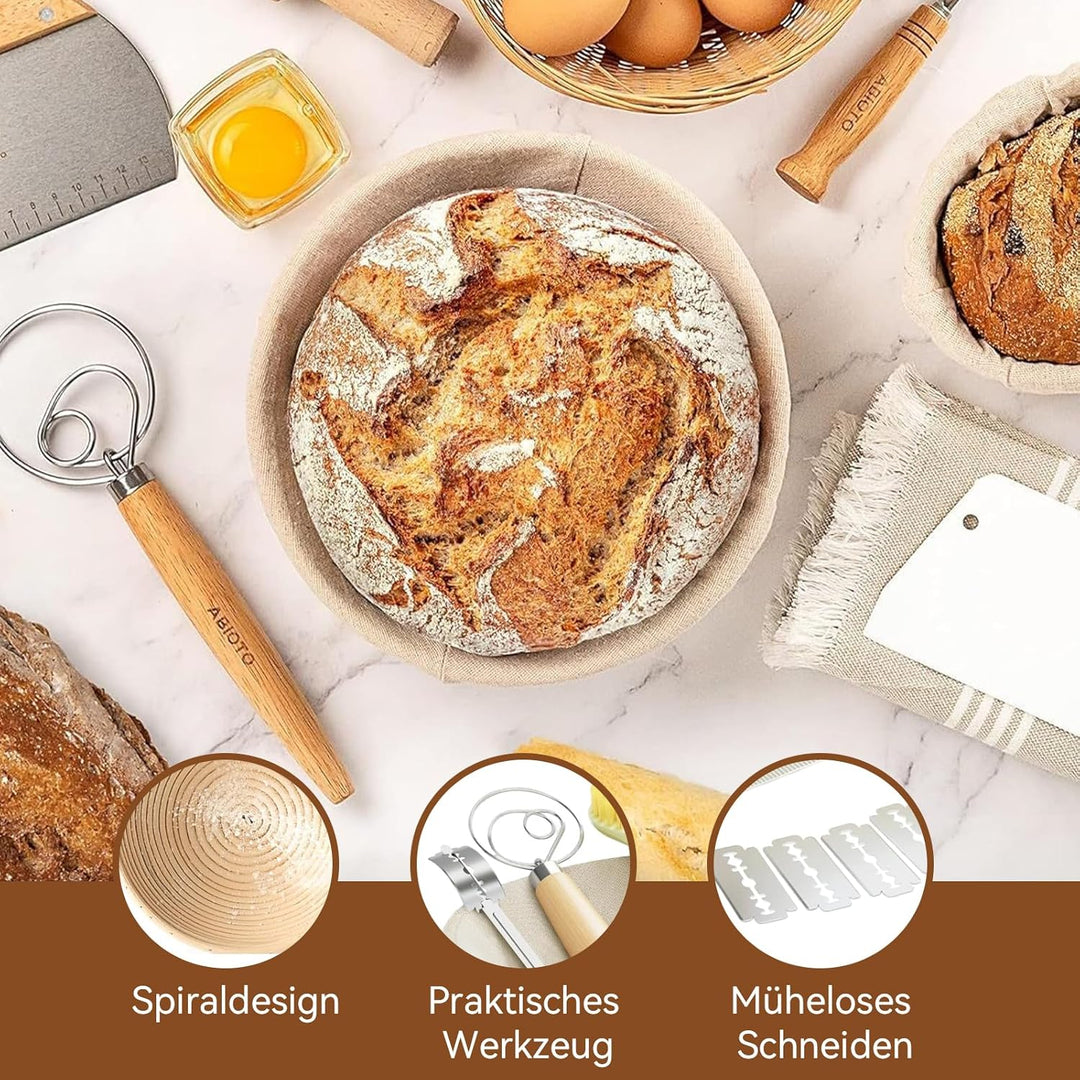 Sauerteig Starter Set, 12 Stück Gärkorb Brot Set, 9 Zoll Rattan Sauerteig Brot Gärkorb mit Kompletts