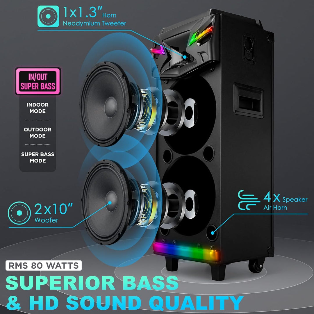 DSP Bluetooth Karaoke-Maschine mit 2 Mikrofonen, 2 × 10" woofer Tragbare PA-Anlage Erwachsene & Kind