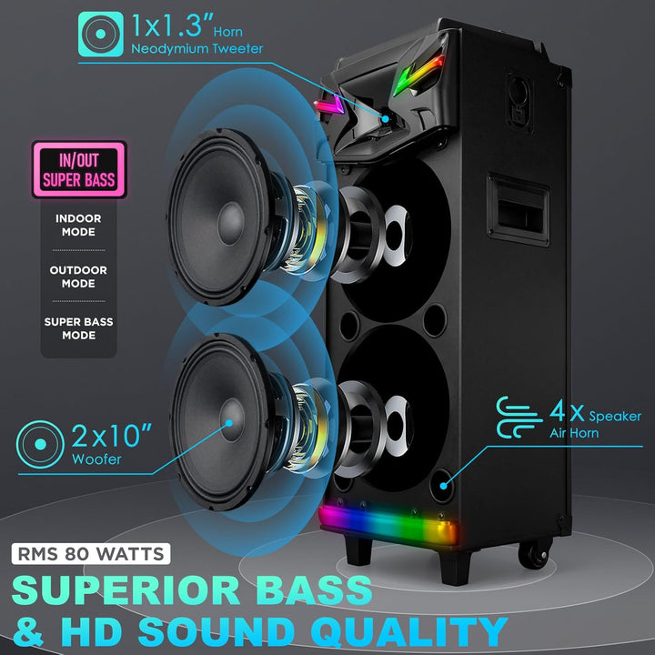 DSP Bluetooth Karaoke-Maschine mit 2 Mikrofonen, 2 × 10" woofer Tragbare PA-Anlage Erwachsene & Kind