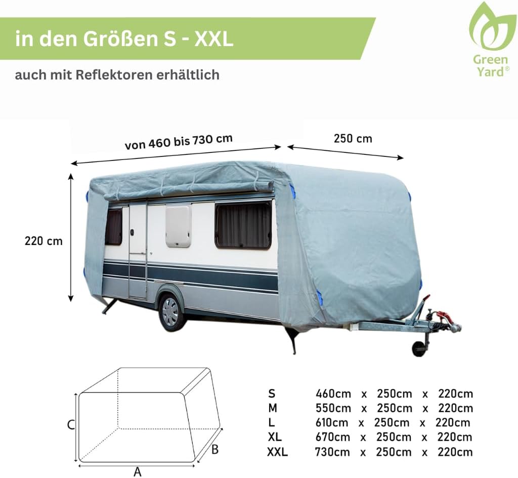 GreenYard® Wohnwagen Abdeckplane mit Reflektorstreifen | Grösse XXL 730 x 250 x 220 cm | Camping Sch