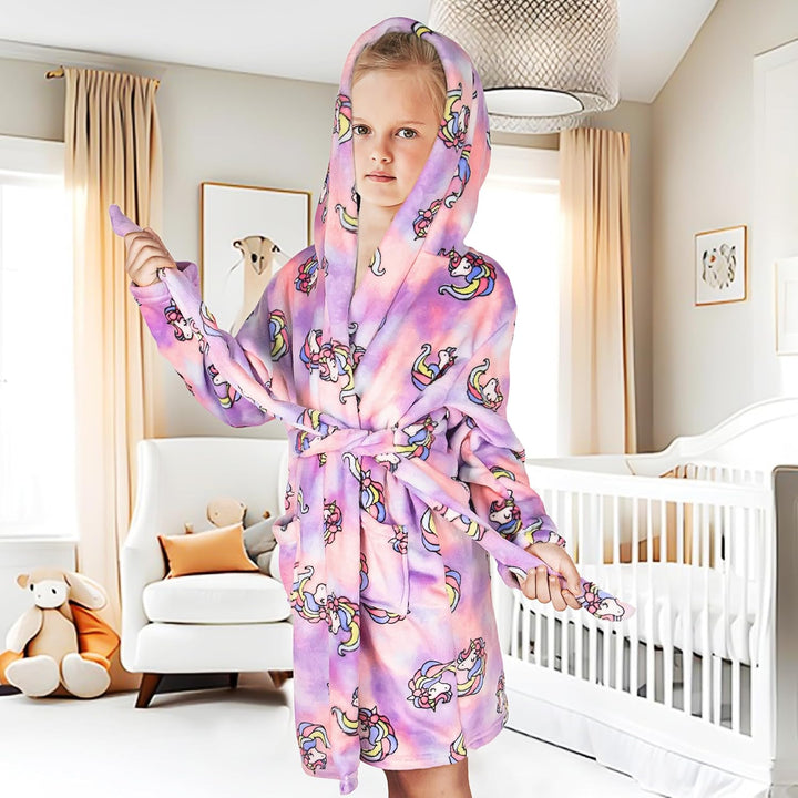 FILOWA Bademantel für Kinder Mädchen Jungen Fleece Kinderbademantel mit Kapuze, Flanell Flauschig Mo