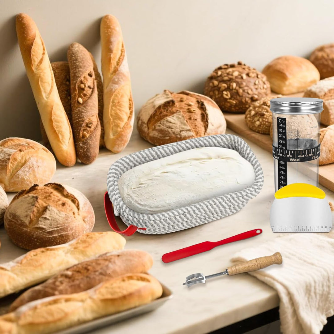 Brot Gärkörbchen Set, 14-Teilig Sauerteig Starter Set mit 2 Gärkörbe Rattan, Sauerteig Starterglas,