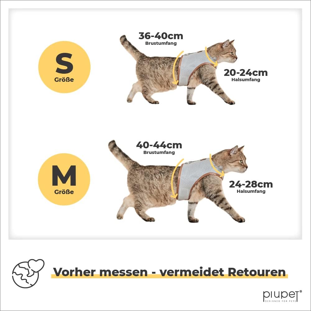 PiuPet® Katzengeschirr (S) mit 1,2m Leine I ausbruchsicher I Geschirr Katze I Katzengeschirr ausbruc