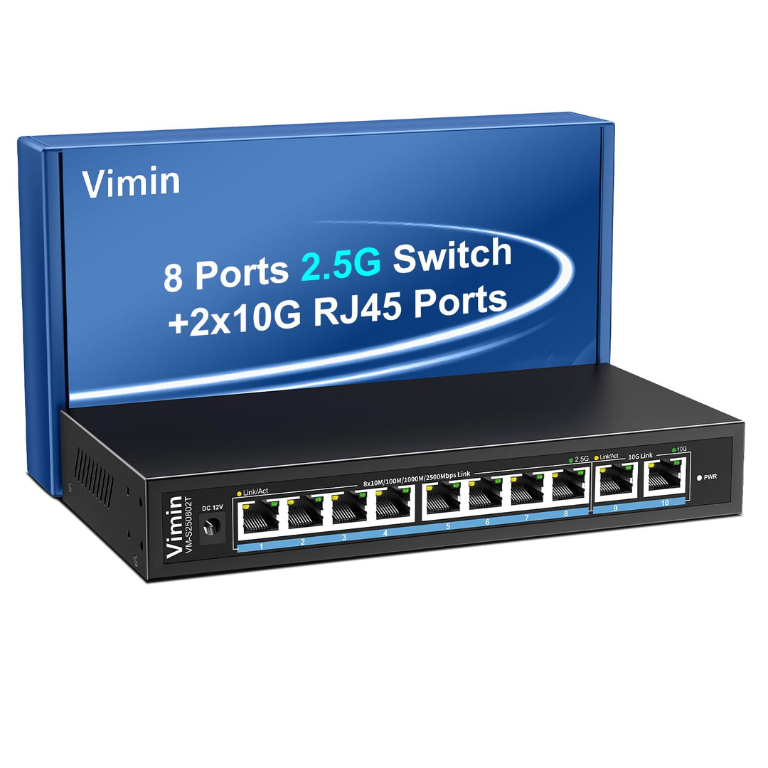 10 Port 10G/2.5G Ethernet-Switch mit Dual 10GBASE-T, Vimin 8x 2.5G + 2 x 10Gb RJ45 Ports Unmanaged S