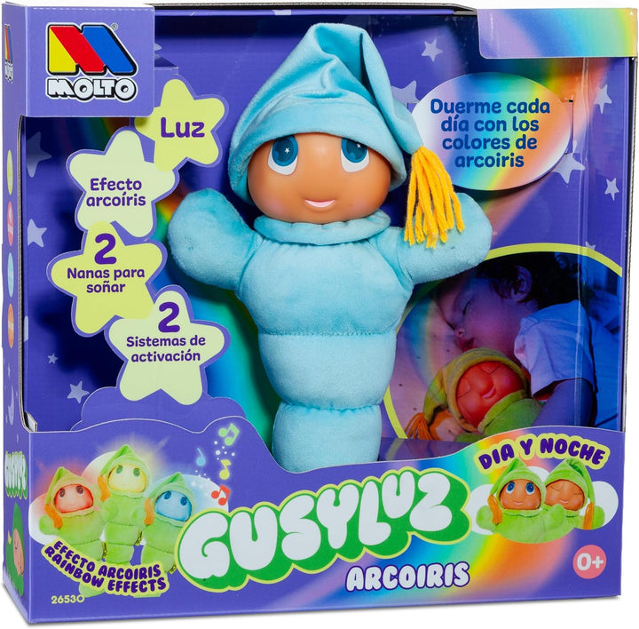 MOLTO | Gusy Luz® Blauer Regenbogen, Kinder-Nachtlicht, Klassische Schlafpuppe, 2 Schlaflieder zum T